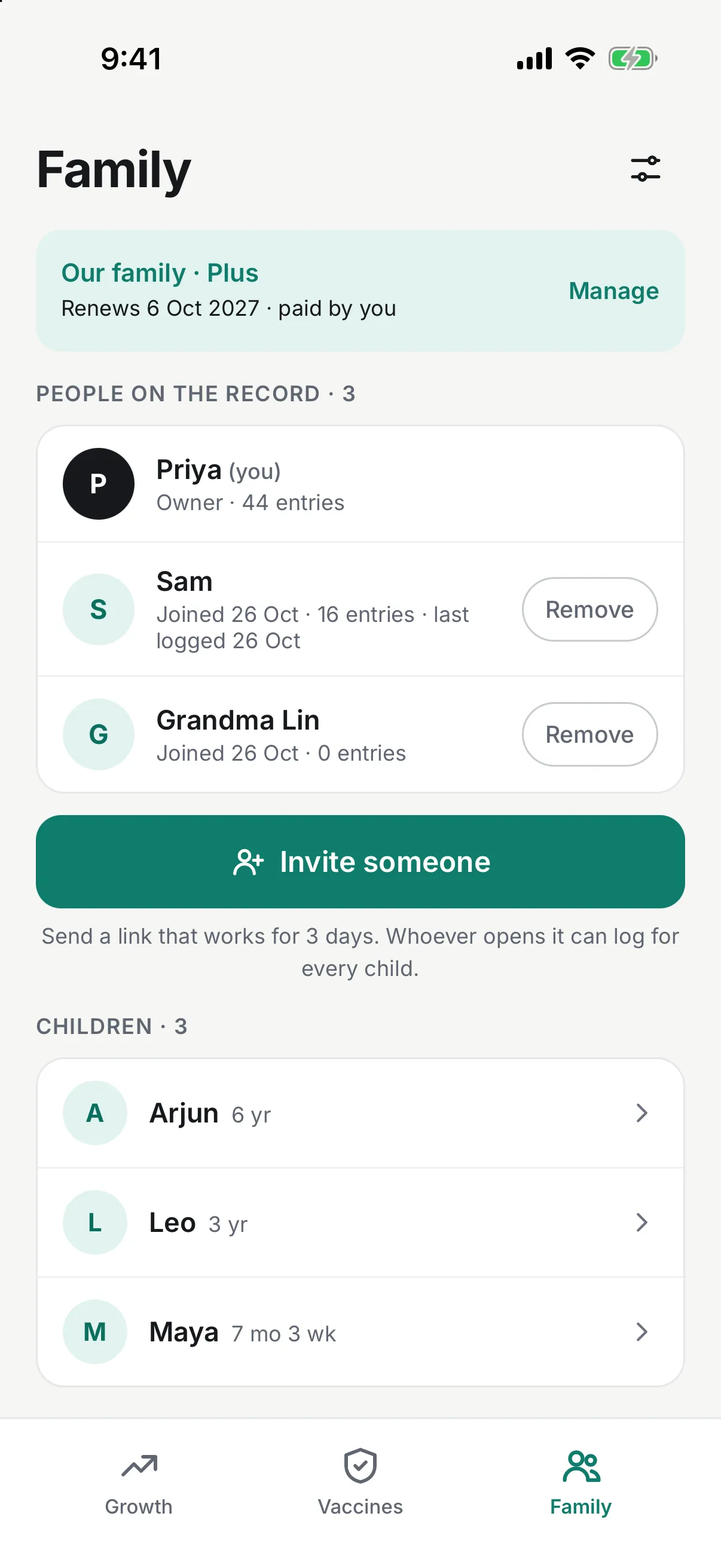 TotBuddy Family screen on Plus with Priya, Sam, and Grandma Lin on the record, an Invite someone button, and three children.