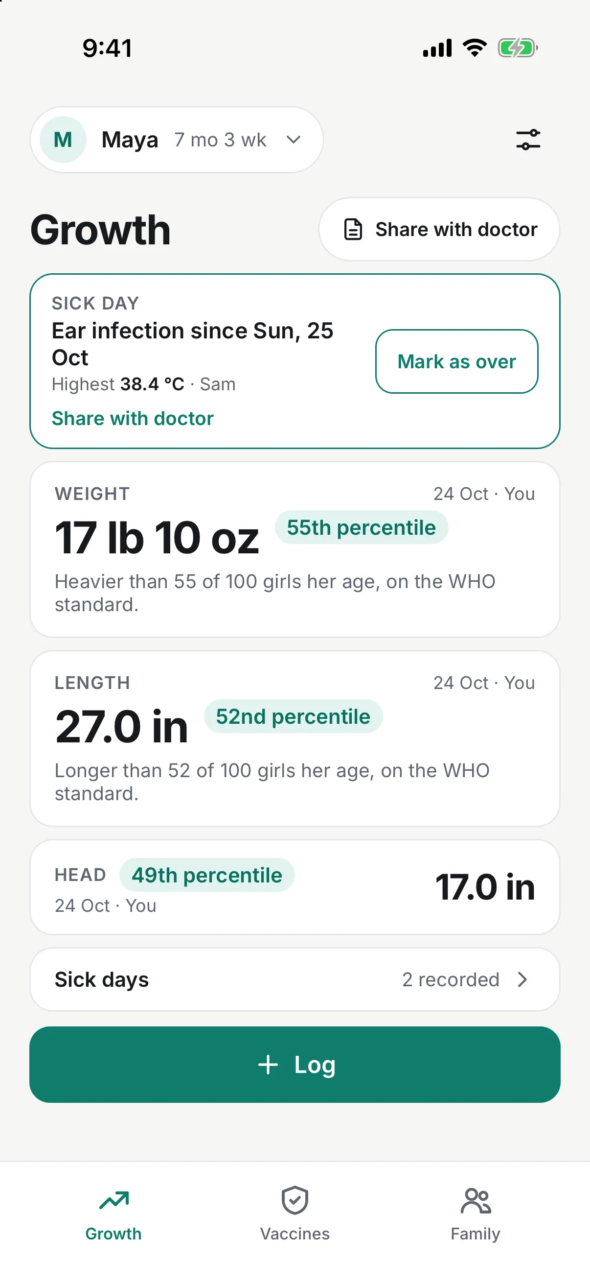 TotBuddy Growth screen for Maya, 7 months 3 weeks, showing her latest weight, length, and head circumference with percentiles, and an open ear infection card logged by Sam.