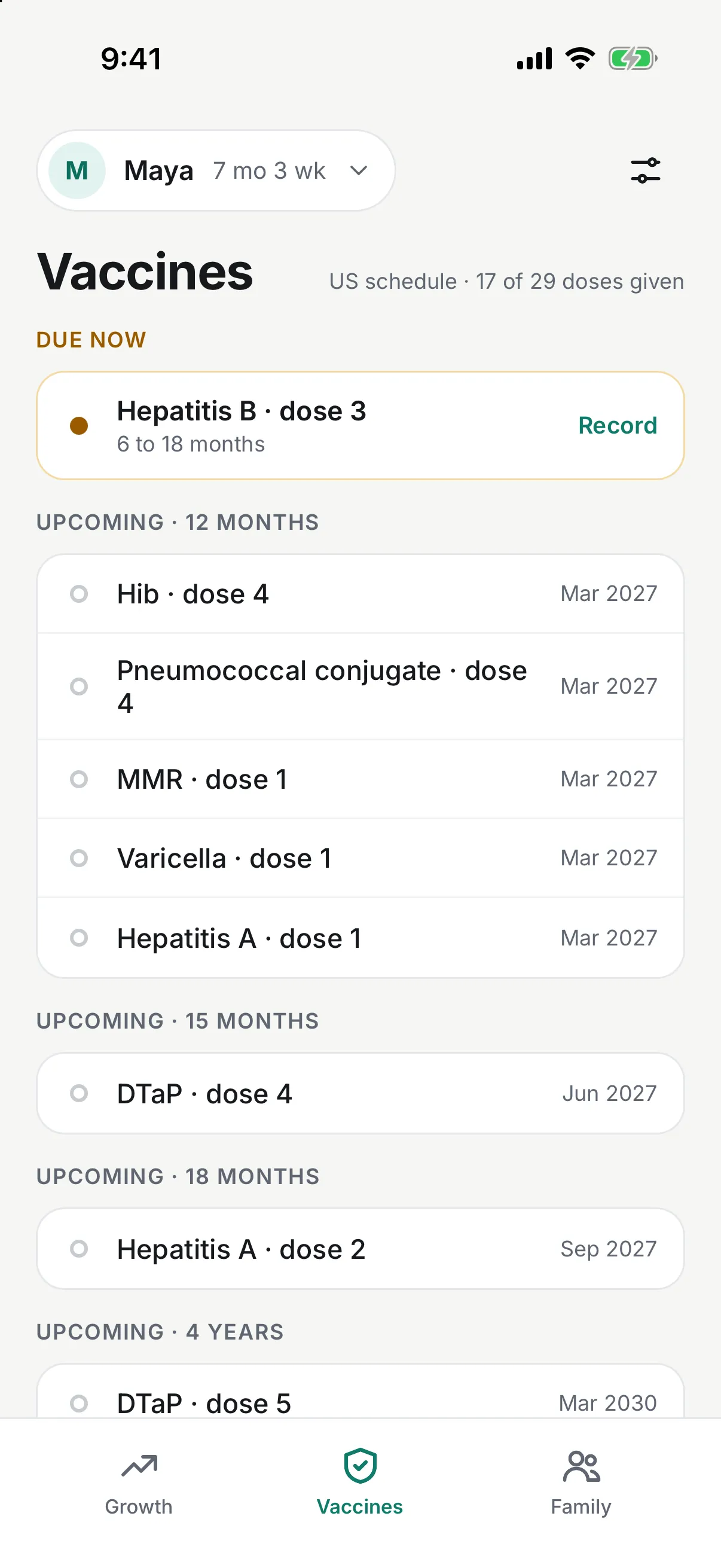 TotBuddy Vaccines screen for Maya on the US schedule: 17 of 29 doses given, Hepatitis B dose 3 due now, and the 12-month doses upcoming.